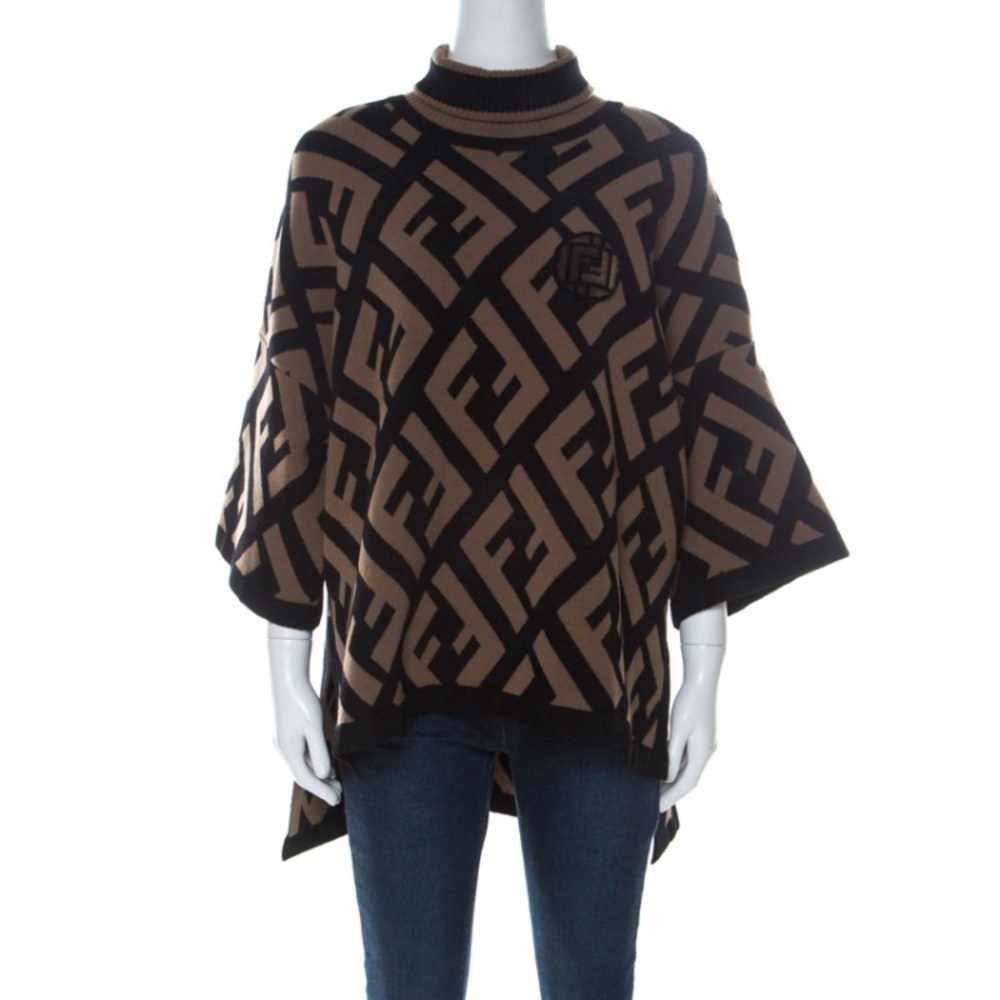 Fendi Brown & Black Logo Print Wool Blend Turtle Neck Sweater S